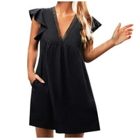 Cethrio Sun Dress- Fashion Summer ежедневно V-образни вещи твърди дантела с къси ръкави мини рокля черно