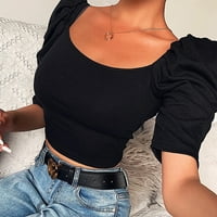 Жени бутер половин ръкав квадратна шия реколта топ лято тънък приготен блузи тениска ежедневна оребрена риза Основни плетени тениски черни