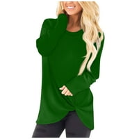 Apepal Fashion's Fashion Casual Solid Color дълъг ръкав кръгла шия усукана тениска отгоре тъмно зелено m