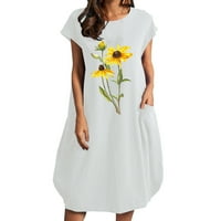 Женски твърд цвят късо ръкав рокля с рокля с кръгла шия с рокля с покети midi рокля