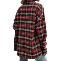 Voncos Fall Jackets for Women Оборот на якичка Кариран, отпечатан с джобове вълнени модни бутони с дълъг ръкав свободни върхове на палтото червен размер m