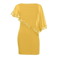 Жени плюс размер студено рамене асиметрична шифонска рокля за пайети без презрамки, жълто, XL