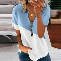 Жени модни контрастни цветни печат къси ръкави небрежни блузи тениски дамски тениски сини сини