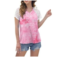Дамски върхове дамски солиден цвят отпечатан дантелен панел къси без ръкави v тениски тениски
