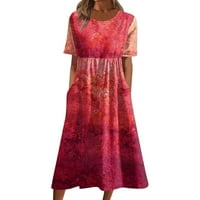 Yubatuo Женски летен ежедневен бохо печат разхлабена линейна рокля с джобове екипаж на врата с къс ръкав midi beach рокля червен