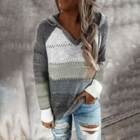 Обезмлено женско леко плетено плетен качулка пуловер мода мода жени ежедневни пачуърк v-образно деколте с дълги ръкави с качулка