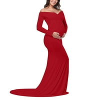 Рокли за майчинство за жени бременни майчинство фотография реквизит извън рамото с дълъг ръкав солидна рокля