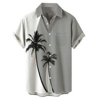 Fsqjgq Мъжки хавайска риза къси ръкави дърво отпечатан бутон надолу летни плажни ризи върхове блуза сиво xl