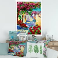 Дизайнарт 'Цветни Традиционни Санторини Къщи Сред Цветя' Морски И Крайбрежни Рамкирани Арт Принт