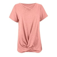 Клирънс дамски летни върхове кръгло деколте ежедневни блузи солидни жени свободни къси ръкави блузи, розови, l