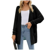 Жилетка за жени лек дълъг ръкав отворен преден ежедневен плътно цвят със средна дължина пуловер палто черно m