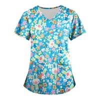Дамски блузи V-образни дрехи Блуза Графични отпечатъци Жени с къс ръкав Тий летни върхове Сини 4xl