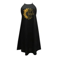 Tangnade рокля за жени модна слънчогледна цветна щампа без ръкави кръгла шия ежедневна рокля черно m