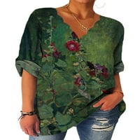 Bomotoo жени ретро ризи v шия ежедневна блуза празник свободна флорална тениска тениска зелена l