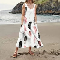 Женски рокли отпечатана лъжичка шия a-line maxi модна без ръкаща летна рокля бяла xl