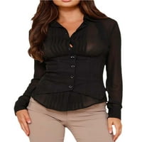 Женска риза комплект с дълъг ръкав прозорче риза с ревера + тънки приспособени ниско изрязани жилетка облекло улично облекло