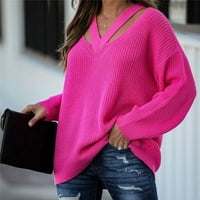 Плетен грозен коледен пуловер моден пуловер солиден V врат дълъг ръкав тънък джъмпер жена блуза