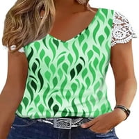 Glonme Ladies Summer Tops Floral Print Тениска с къс ръкав плаж плаж дишаща туника блуза удобна v врата пуловер зелено xl