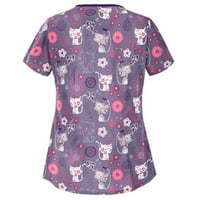 Клирънс плюс размер върхове с къс ръкав жени блуза работно облекло Графични отпечатъци Модни v-образни блузи, лилаво, 4XL