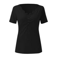 Жени ежедневни плътни цветни горни ризи v шия бутон с къс ръкав плетен сплайс риза мода ежедневна мека блуза топ жени памучна
