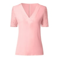 Женски ризи жени модна дантела с къси ръкави тениска с v-образно деколте блуза ежедневни дами върхове розови xxxxl