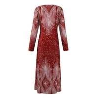 Просвета летни рокли за жени с дълъг ръкав A-Line Дължина на глезена Небрежно отпечатана рокля с V-образно деколче червено 2xl