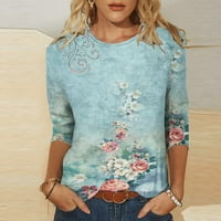Bvnarty жени модна флорална отпечатана тениска с ръкави в средна дължина Блуза кръгла шия свободни ежедневни върхове светлосини
