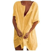 Дамски блузи с къс ръкав жени плюс химиза хлабави солидни летни ризи на Хенли върхове жълти xs