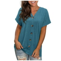 Дамски блузи женски моден солиден цвят V-образно деколте разхлабена тениска с къс ръкав отгоре сини xxl