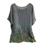 Дамски върхове блуза флорални къси ръкав ежедневни дами летни туники върхове кръгло деколте модни сиви xl