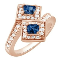 Симулиран син сапфир и бял естествен диамантен байпас годежен пръстен в 14K розово злато