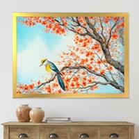 Красива Оранжева Птица Седи На Цъфтежа Клон Рамка Живопис Платно Изкуство Печат
